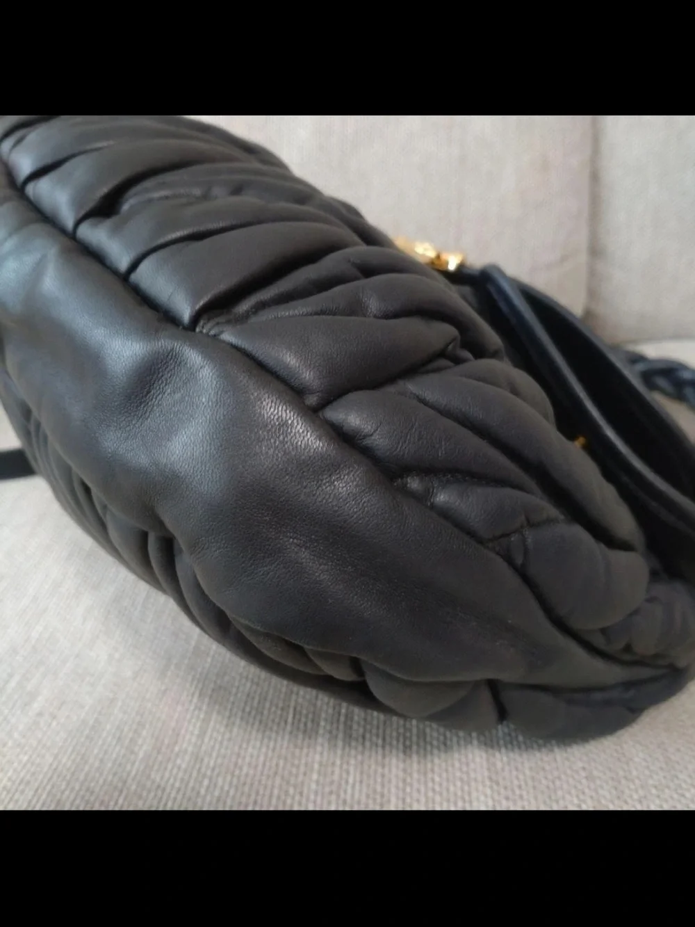 Miu Miu Black Ruched Leather Shoulder Bag with Gold Hardware